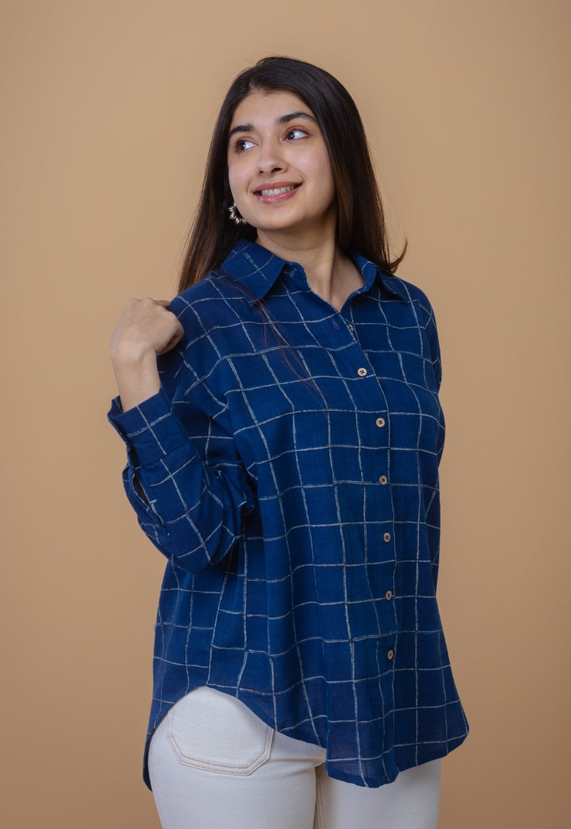 Ruhi Blue Dabu Slub Cotton Straight Short Top