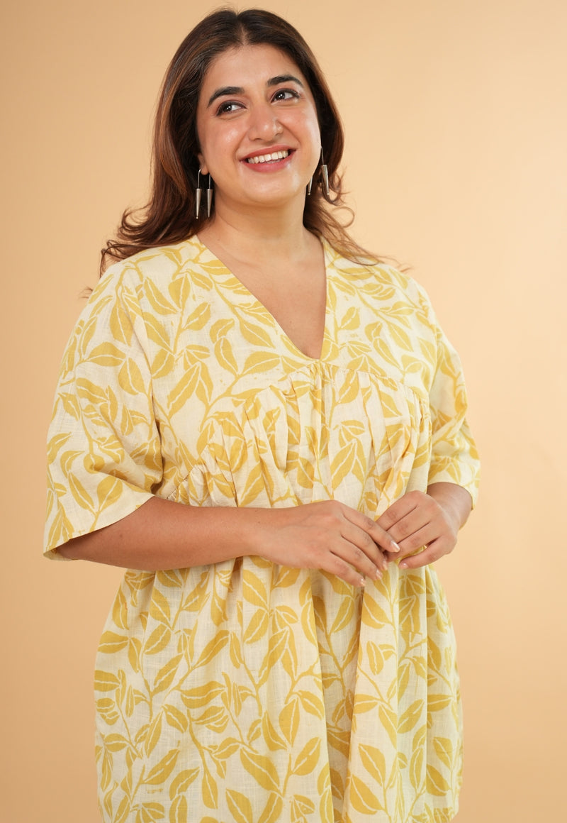 Purvi Yellow Hand Block Print Slub Cotton A Line Short Top