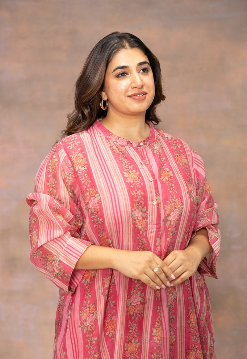 Rooz Pink Sanganeri Chanderi Silk Straight Kurta with Lace Detailing
