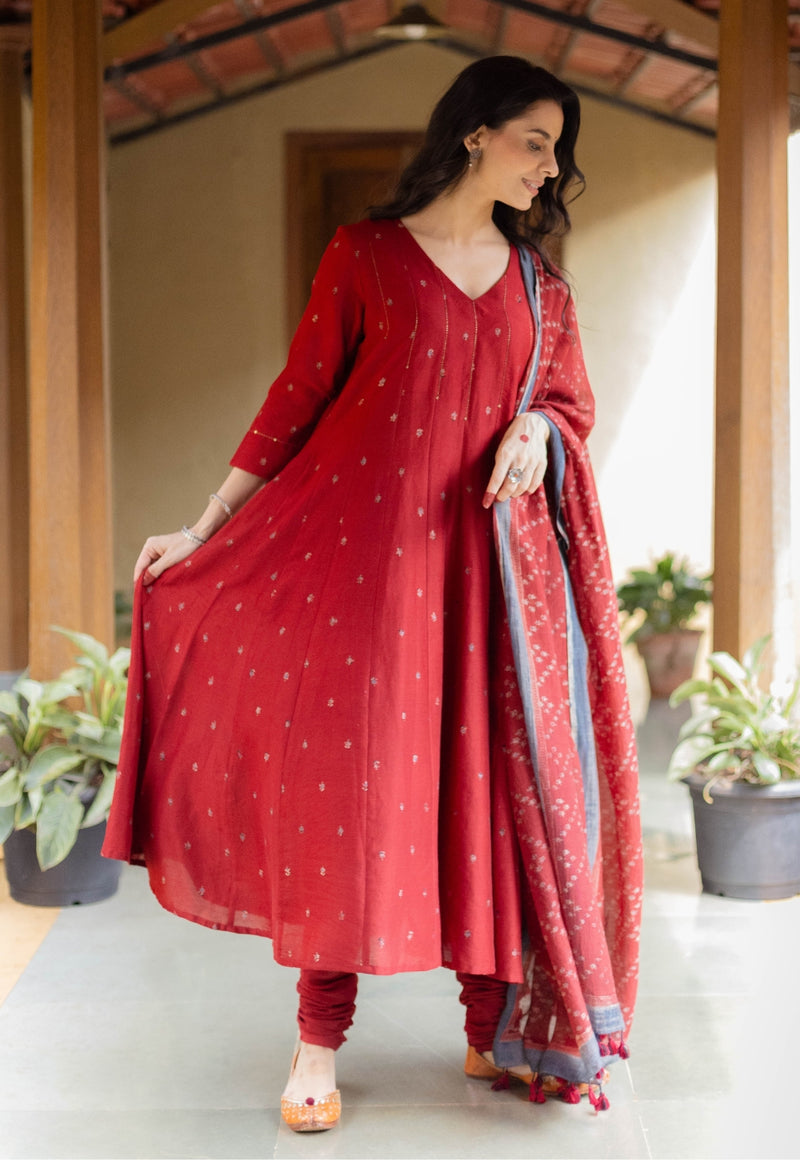 Madder Floral Line Ajrakh Chanderi Silk Dupatta