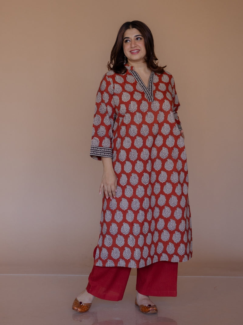 Dia Red Bagru Cotton Straight Kurta