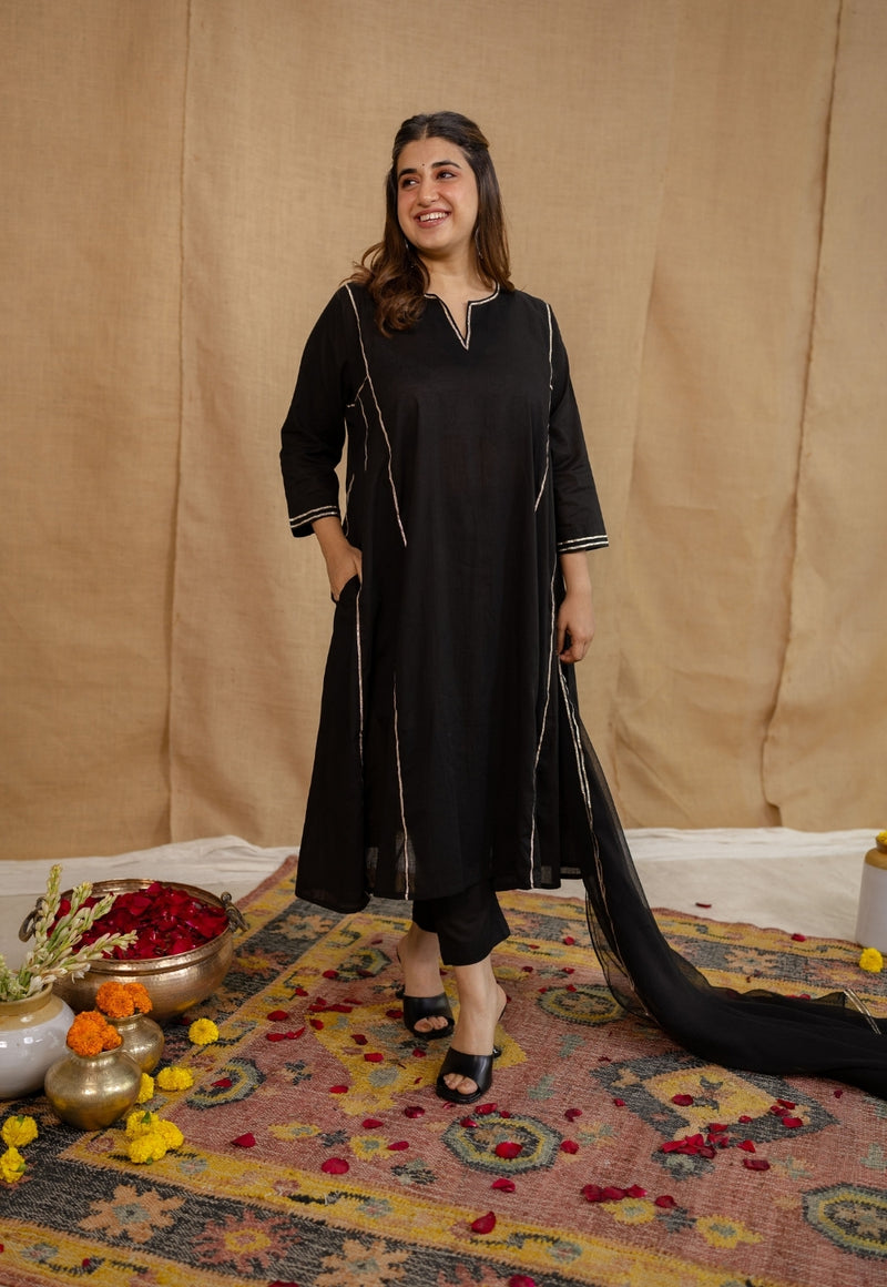 Vamika Mulmul Cotton Black Jhabba Kali Kurta Set (Set of 3)