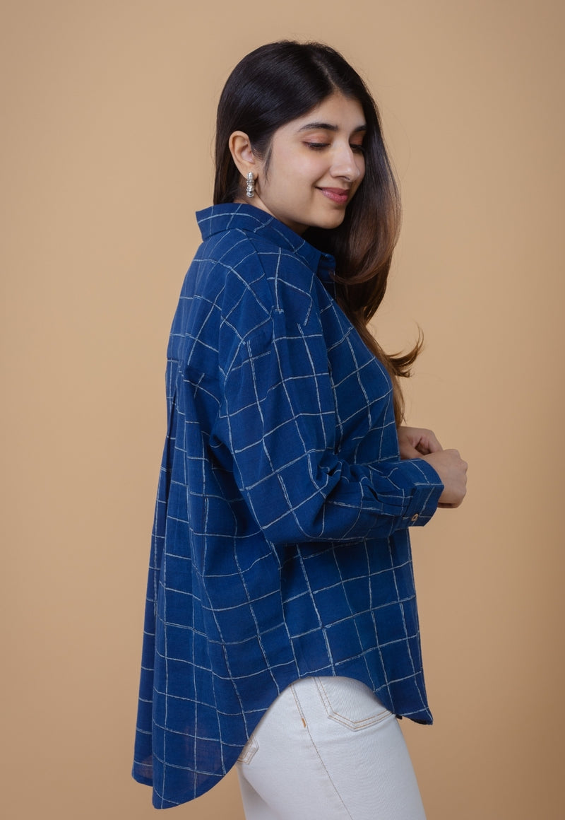 Ruhi Blue Dabu Slub Cotton Straight Short Top