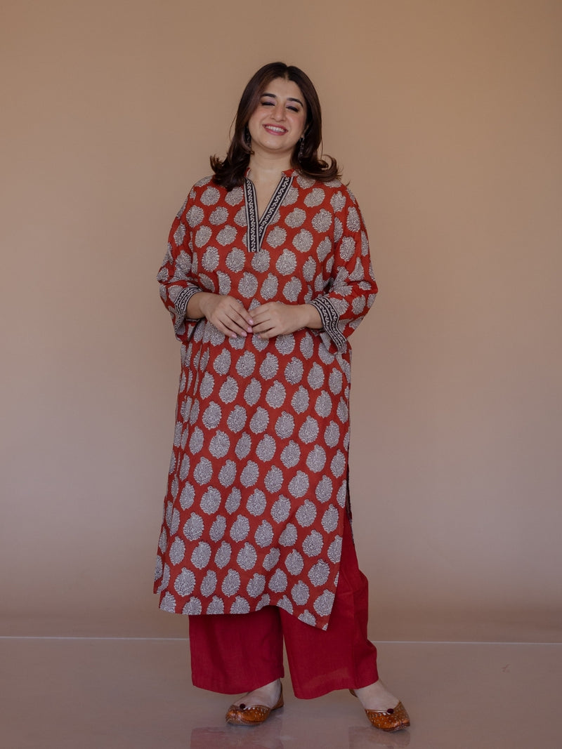 Dia Red Bagru Cotton Straight Kurta