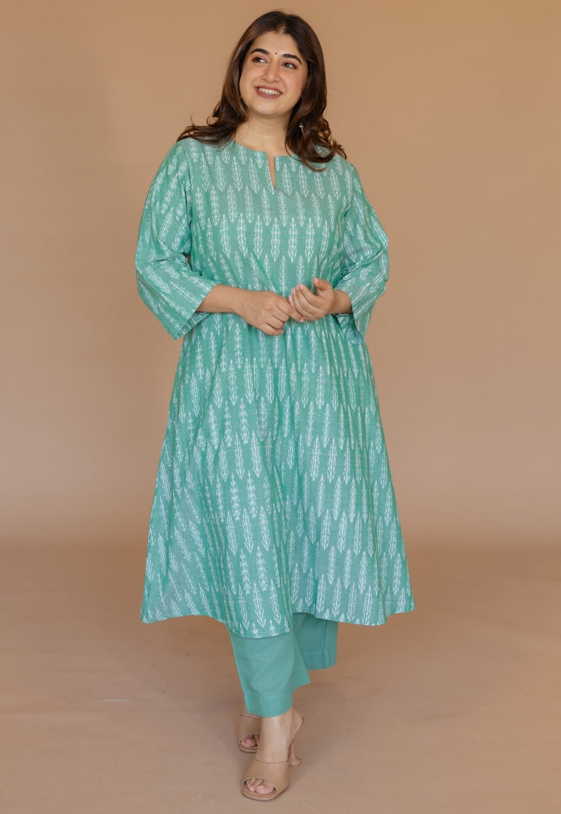 Geet Green Handloom Ikkat Cotton A Line Kurta
