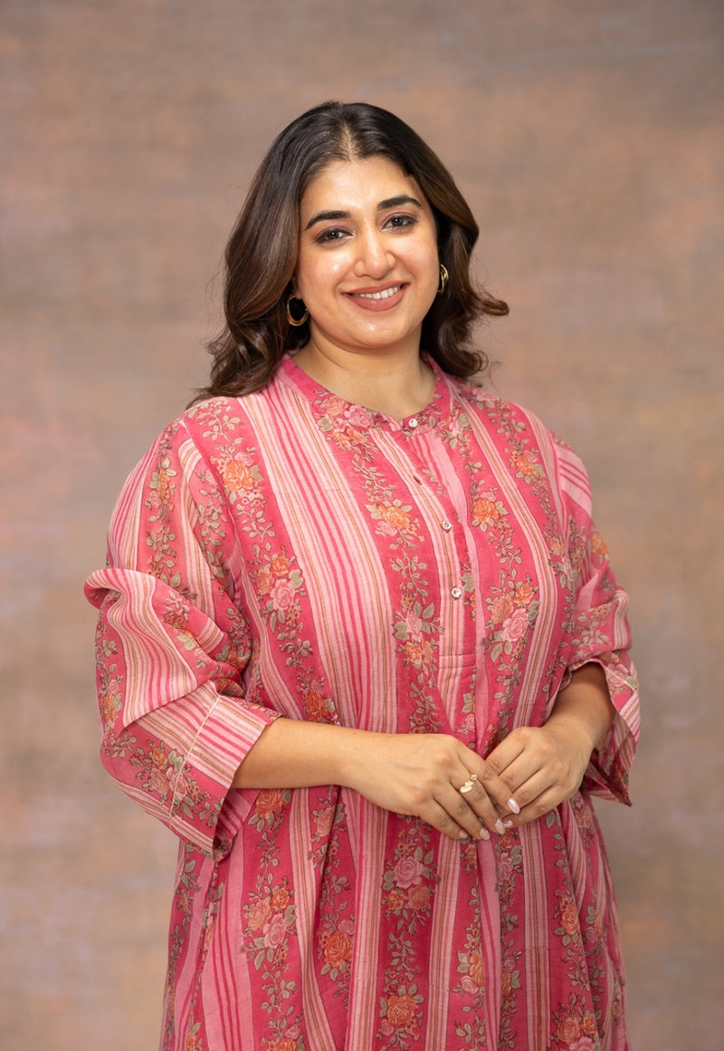 Rooz Pink Sanganeri Chanderi Silk Straight Kurta with Lace Detailing