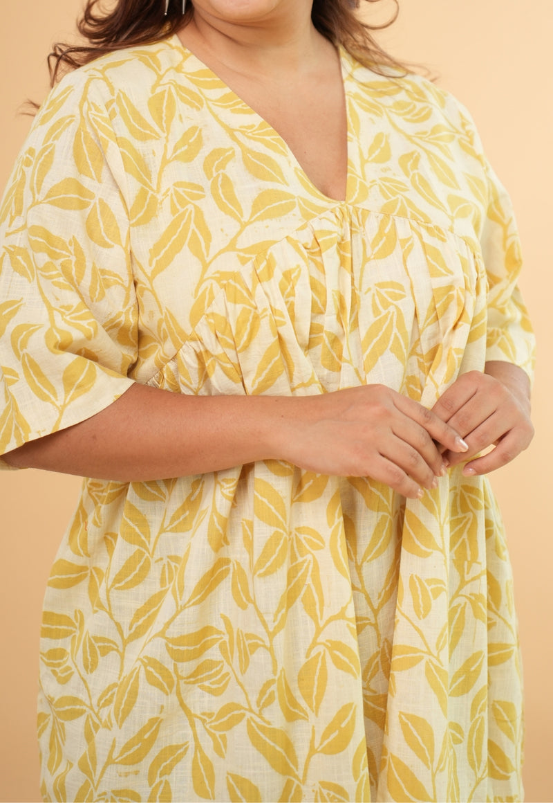 Purvi Yellow Hand Block Print Slub Cotton A Line Short Top