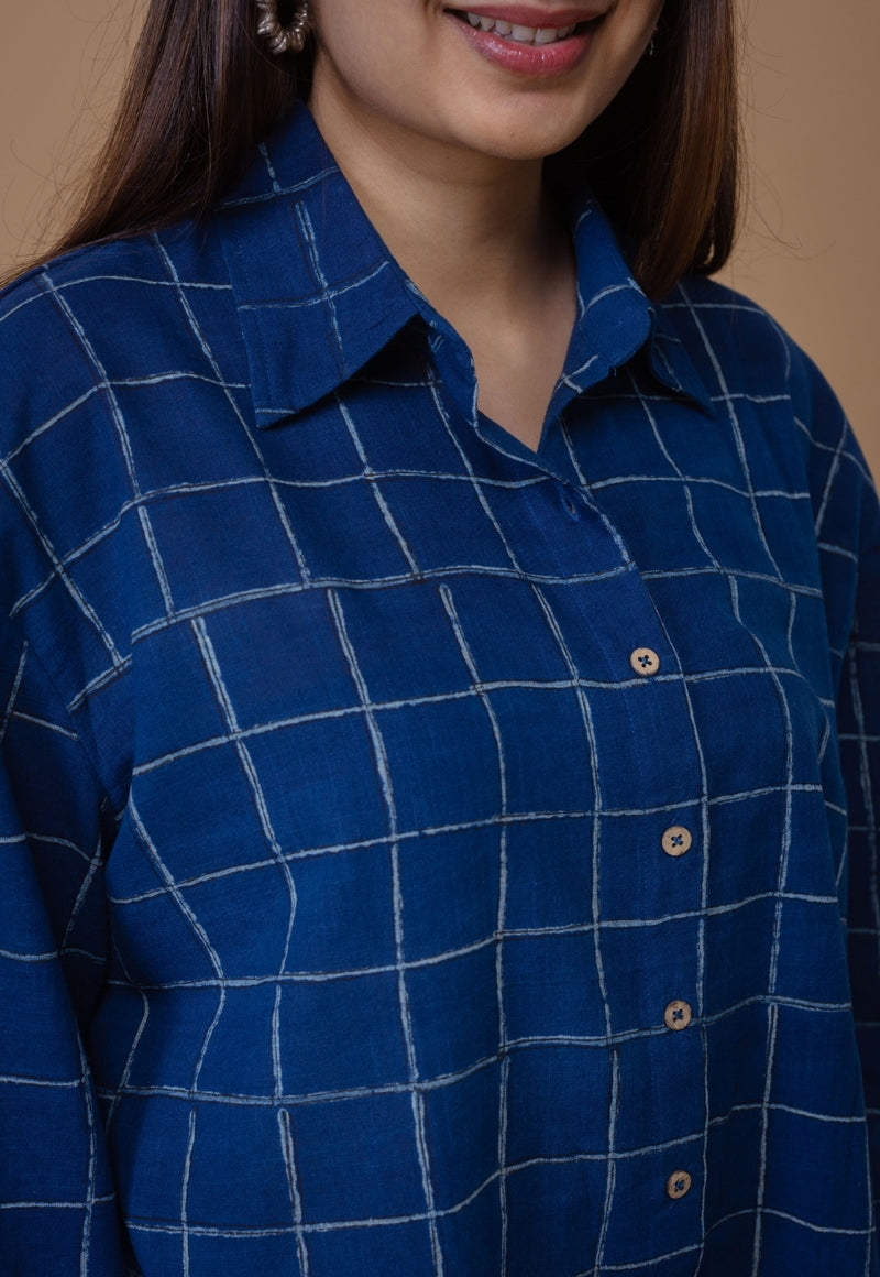 Ruhi Blue Dabu Slub Cotton Straight Short Top