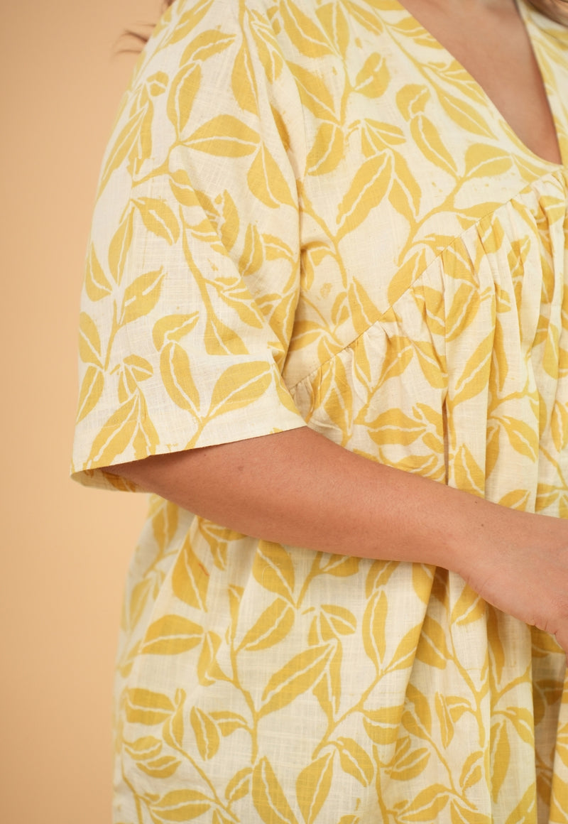 Purvi Yellow Hand Block Print Slub Cotton A Line Short Top