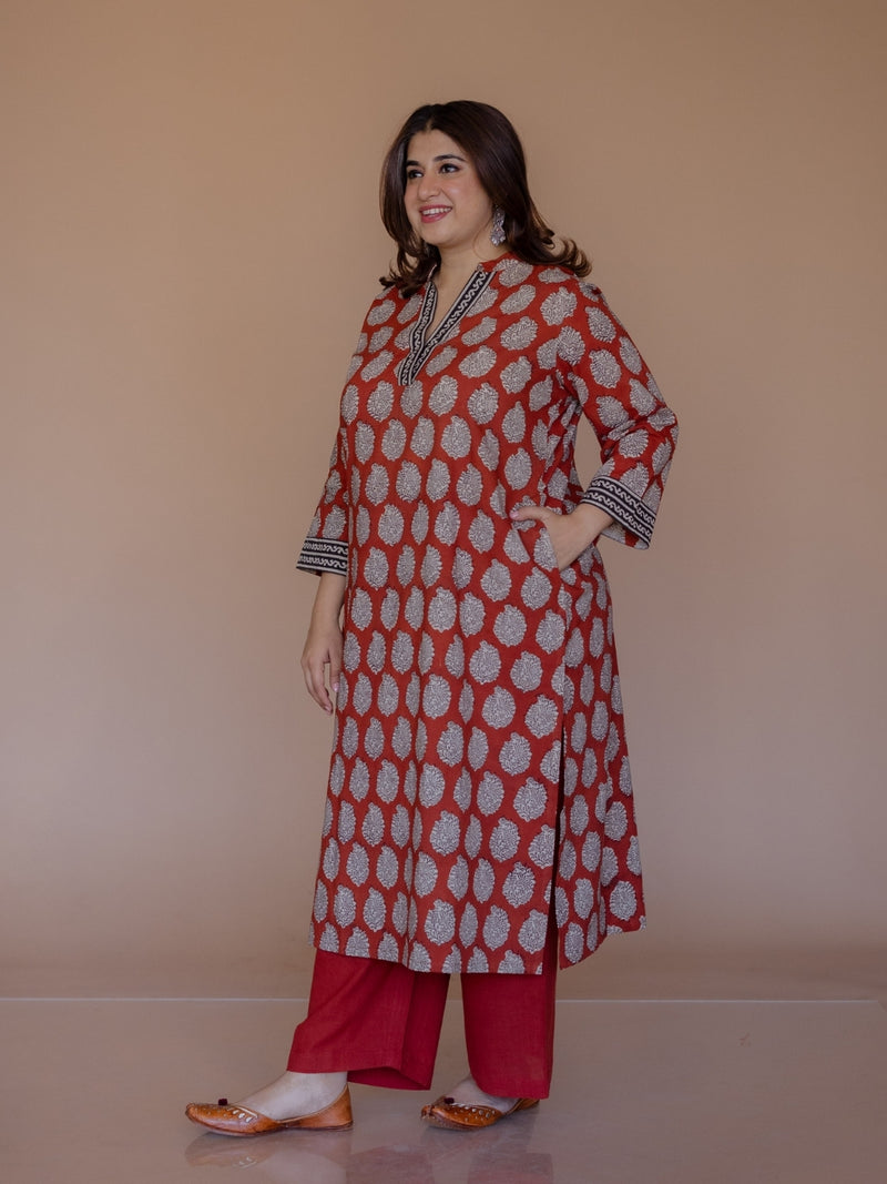Dia Red Bagru Cotton Straight Kurta