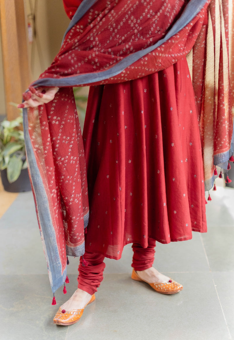 Madder Floral Line Ajrakh Chanderi Silk Dupatta