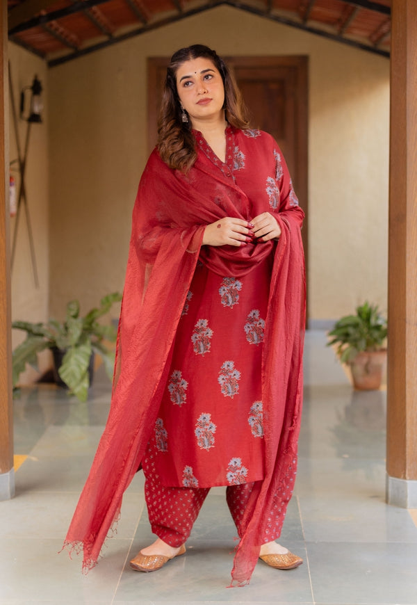 Aarohi Madder Ajrakh Chanderi Silk Straight Kurta with Hand Embroidery