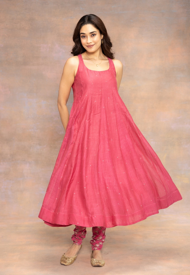 Gul Pink Solid Chanderi Silk Kali Kurta with Mukaish Detailing