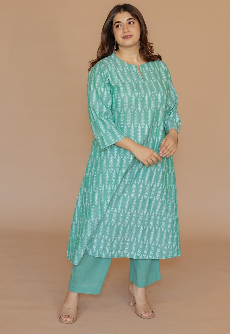 Geet Green Handloom Ikkat Cotton A Line Kurta