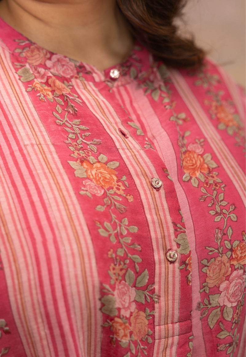 Rooz Pink Sanganeri Chanderi Silk Straight Kurta with Lace Detailing