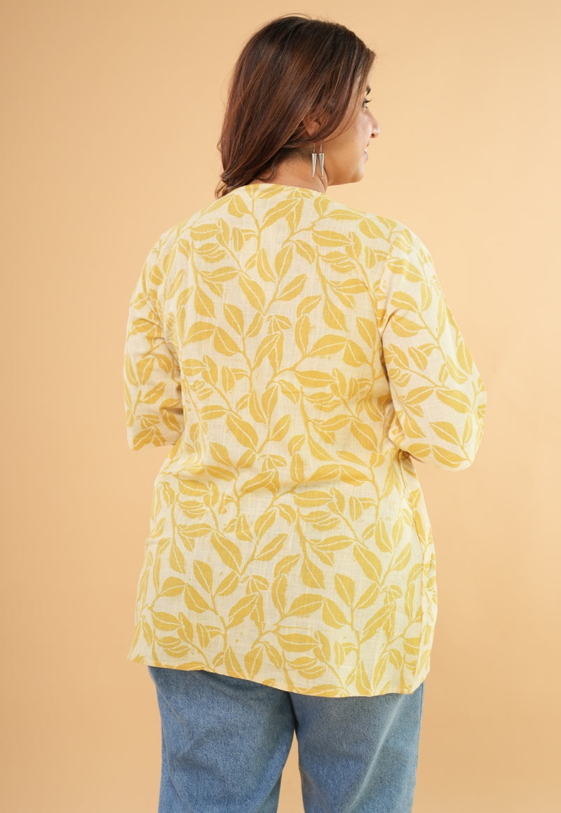 Purvi Yellow Hand Block Print Slub Cotton A Line Short Top