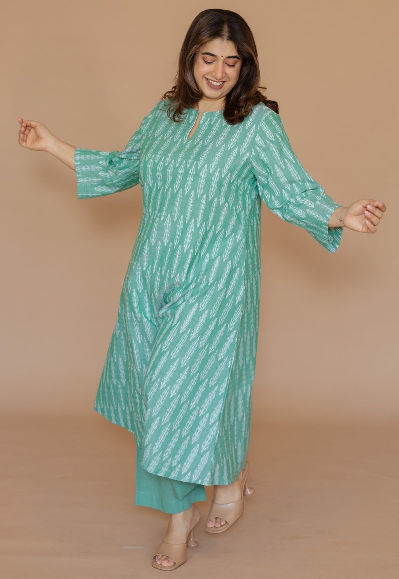 Geet Green Handloom Ikkat Cotton A Line Kurta