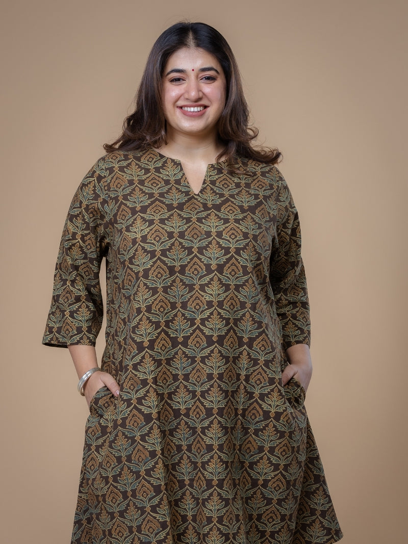 Daksha Brown Ajrakh Cotton A Line Kurta