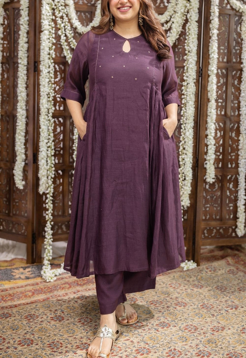 Odika Purple Chanderi Silk A Line Hand Embroidered Kurta Set (Set of 3)