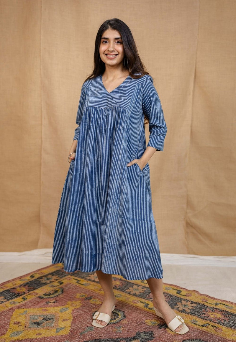 Diya Indigo Dabu Cotton A Line Dress