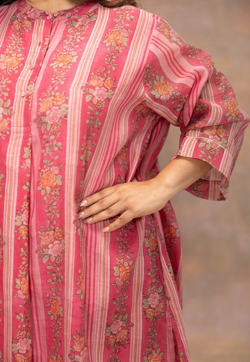 Rooz Pink Sanganeri Chanderi Silk Straight Kurta with Lace Detailing