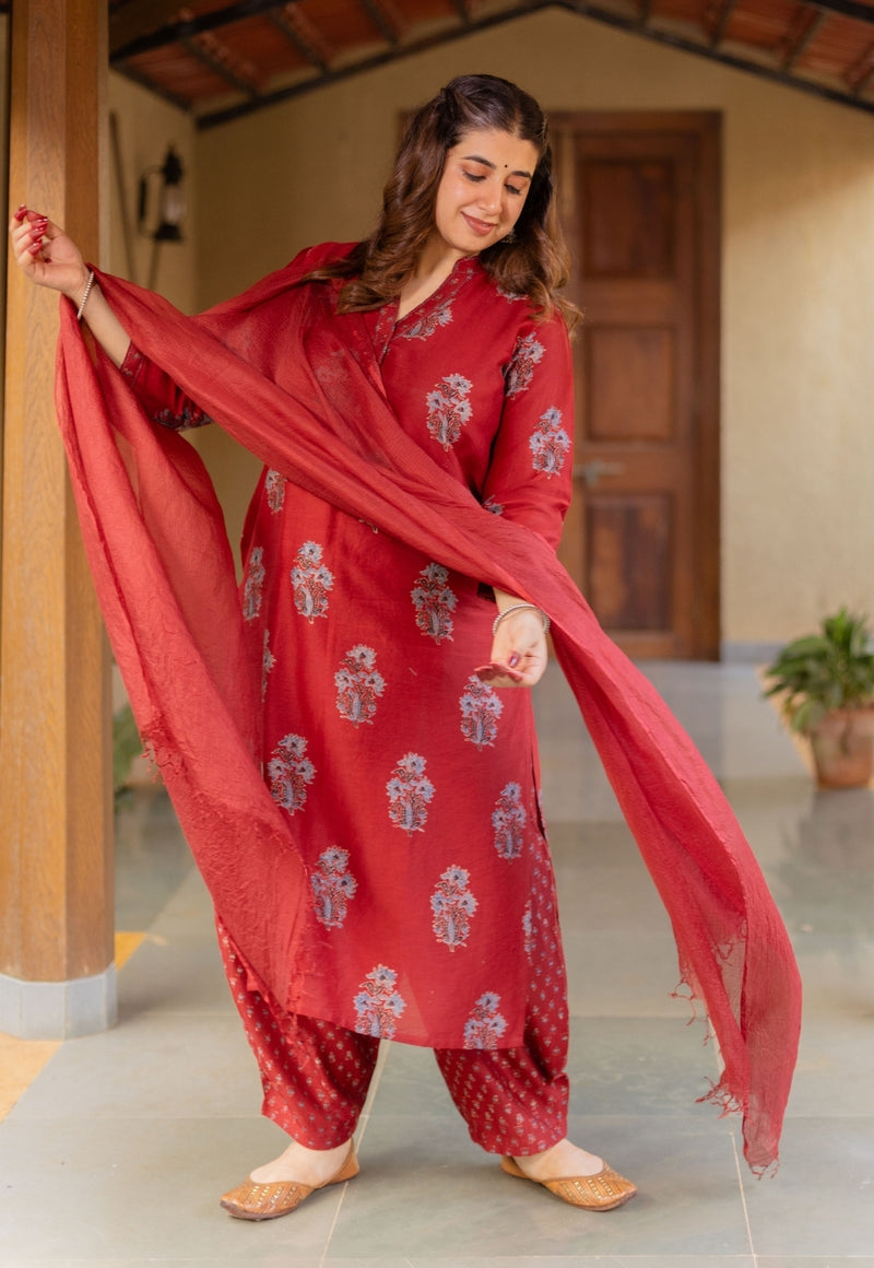 Aarohi Madder Ajrakh Chanderi Silk Straight Kurta with Hand Embroidery