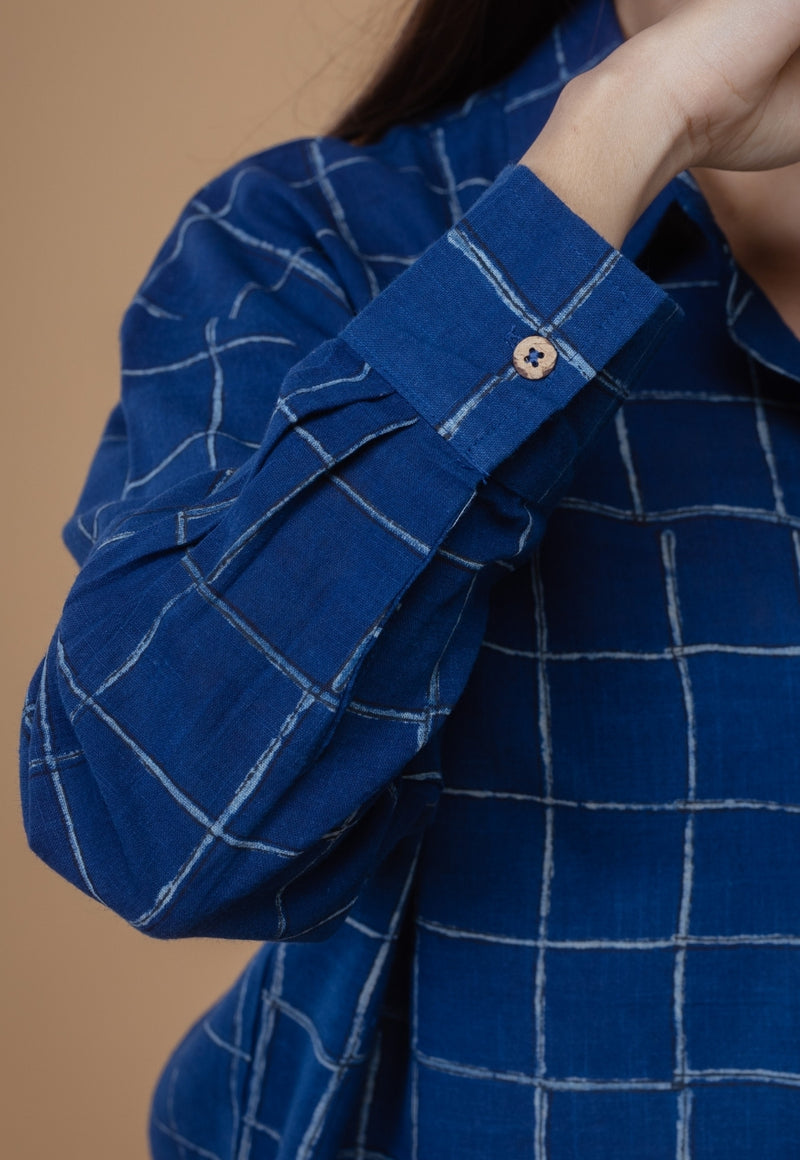 Ruhi Blue Dabu Slub Cotton Straight Short Top