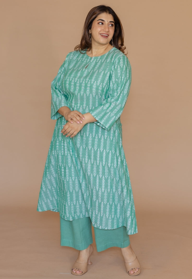 Geet Green Handloom Ikkat Cotton A Line Kurta