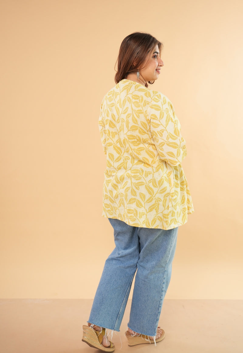 Purvi Yellow Hand Block Print Slub Cotton A Line Short Top