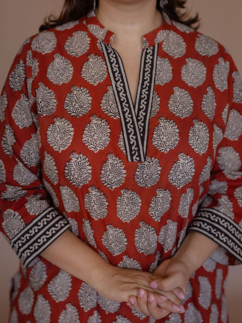 Dia Red Bagru Cotton Straight Kurta