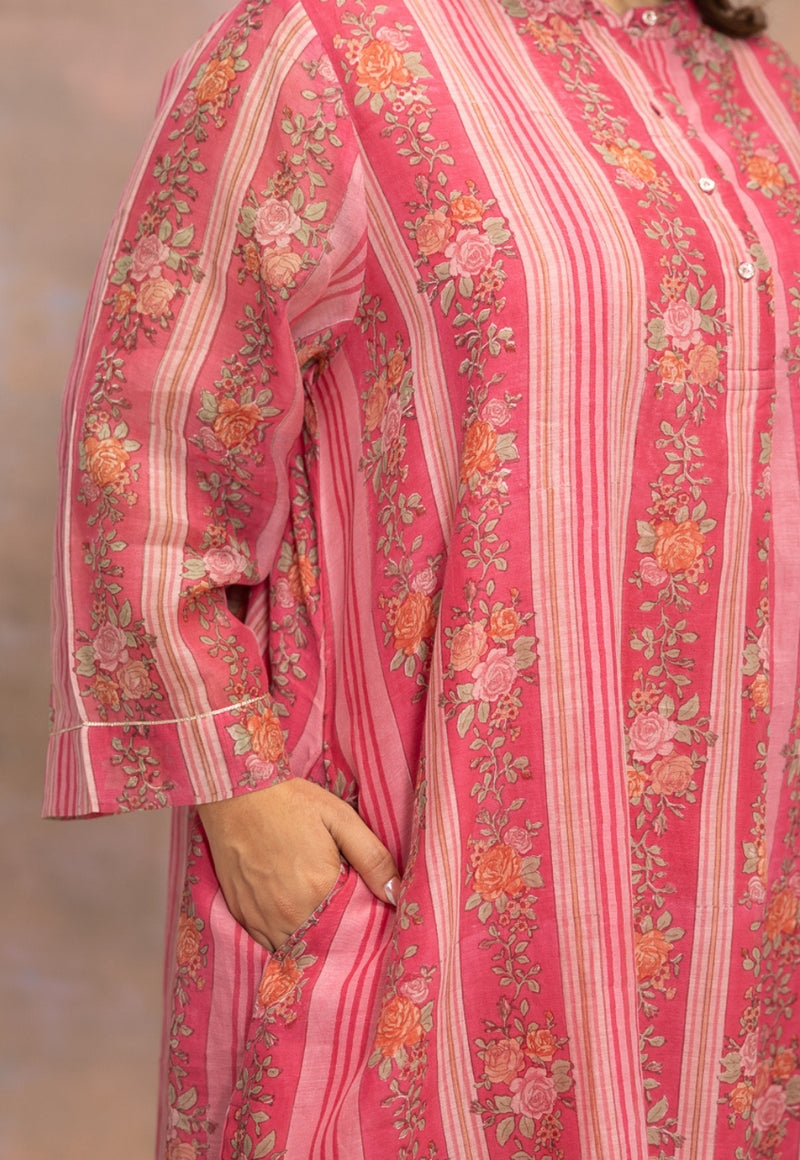 Rooz Pink Sanganeri Chanderi Silk Straight Kurta with Lace Detailing