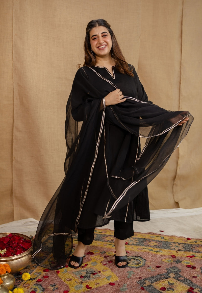 Vamika Mulmul Cotton Black Jhabba Kali Kurta Set (Set of 3)