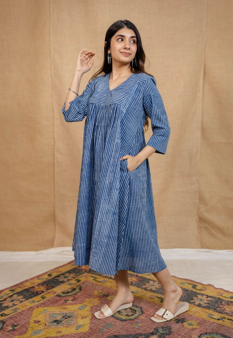 Diya Indigo Dabu Cotton A Line Dress