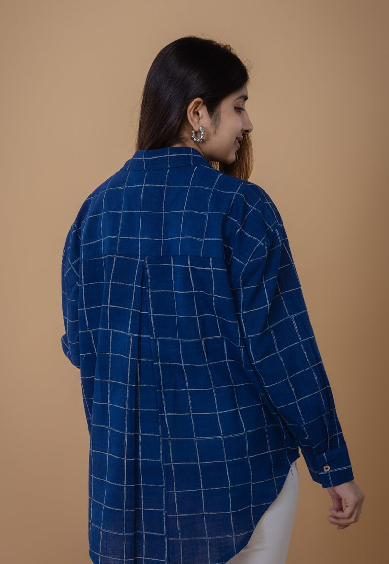 Ruhi Blue Dabu Slub Cotton Straight Short Top