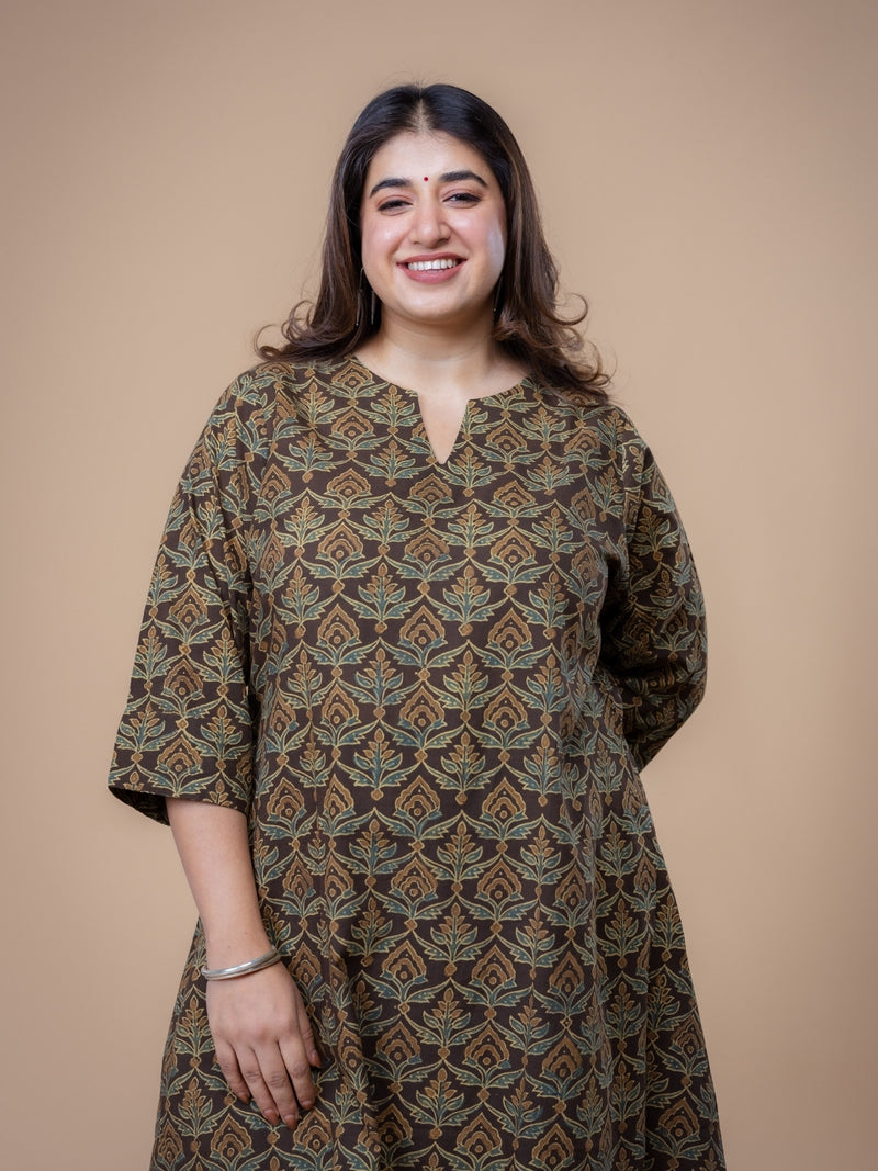 Daksha Brown Ajrakh Cotton A Line Kurta