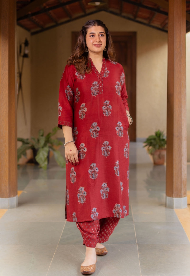 Aarohi Madder Ajrakh Chanderi Silk Straight Kurta with Hand Embroidery