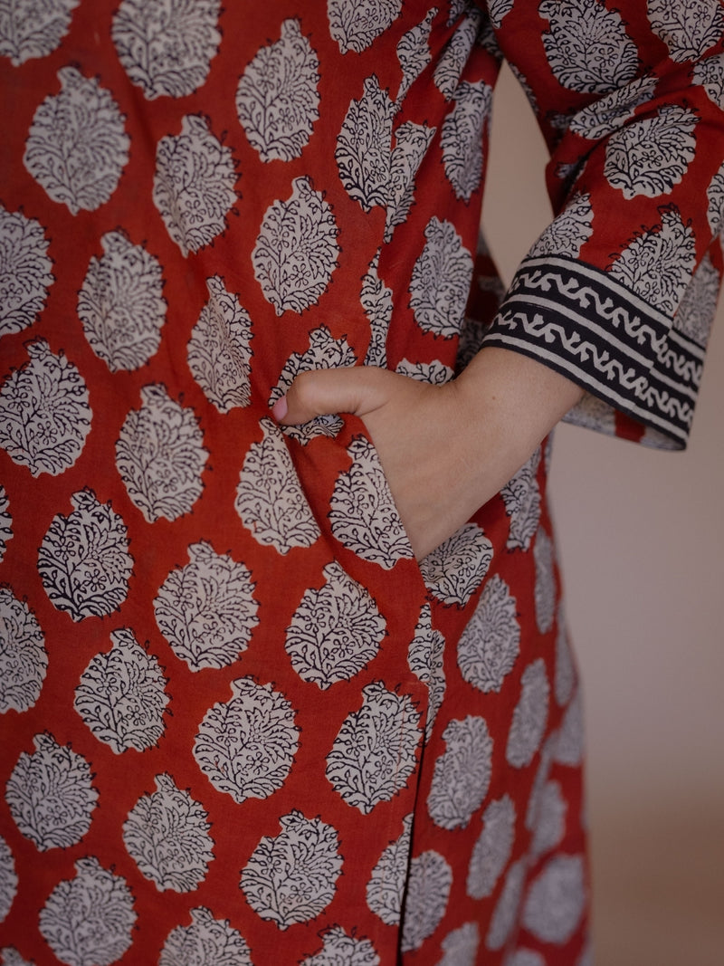 Dia Red Bagru Cotton Straight Kurta