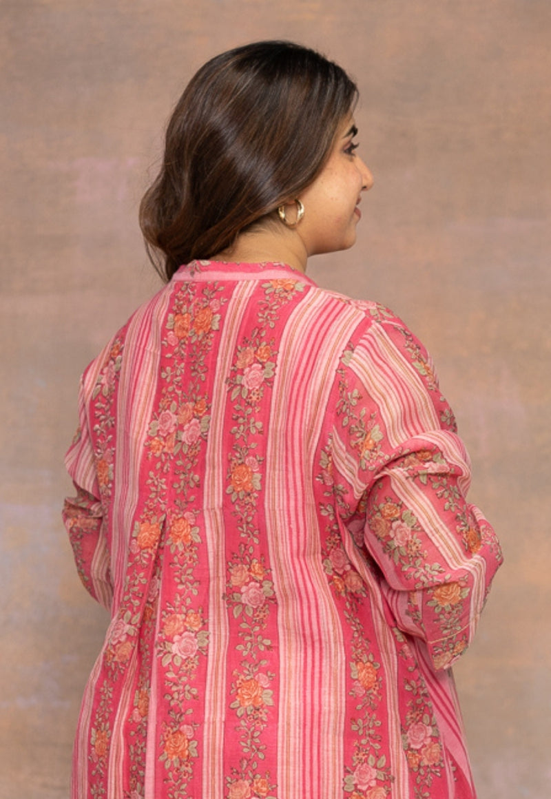 Rooz Pink Sanganeri Chanderi Silk Straight Kurta with Lace Detailing