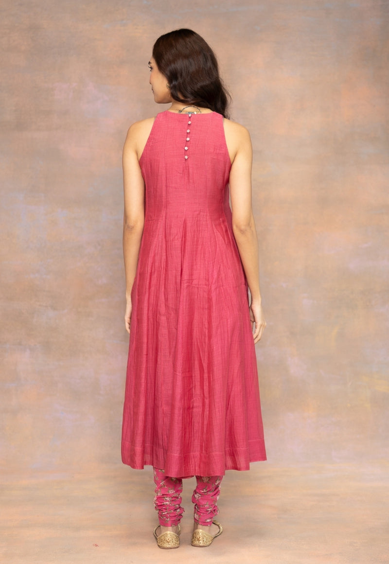 Gul Pink Solid Chanderi Silk Kali Kurta with Mukaish Detailing