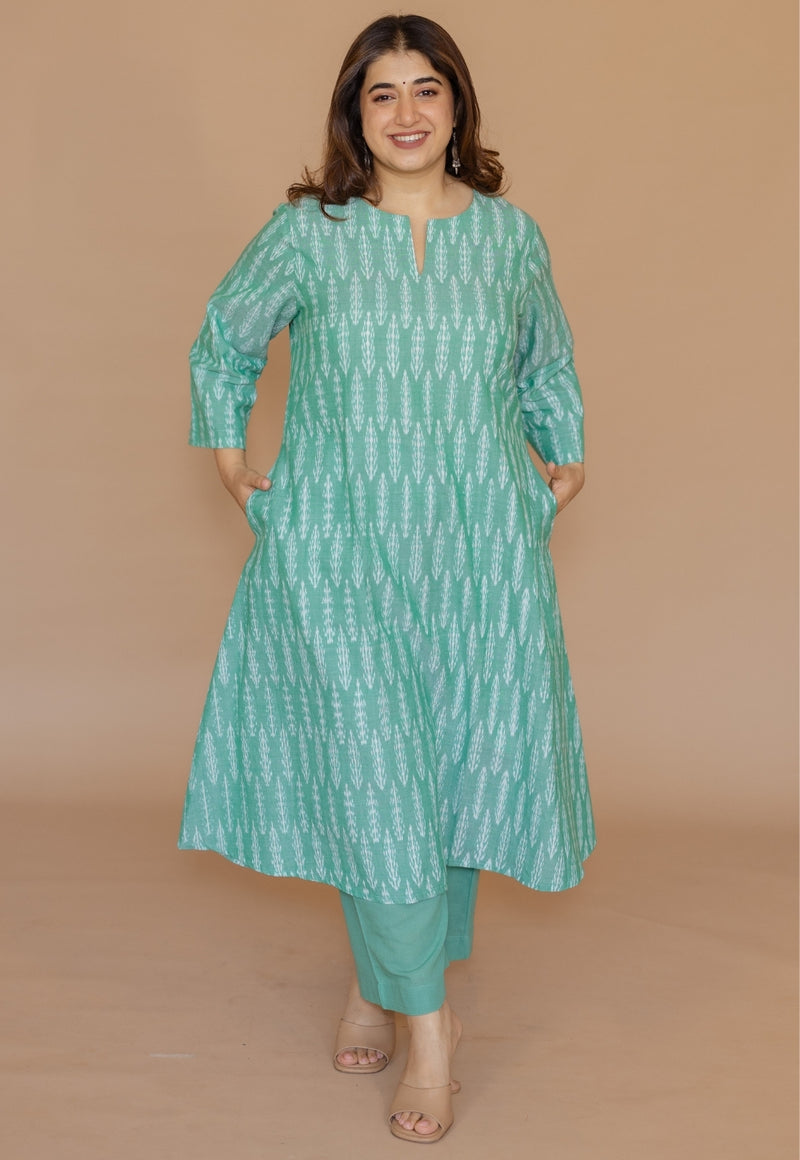 Geet Green Handloom Ikkat Cotton A Line Kurta
