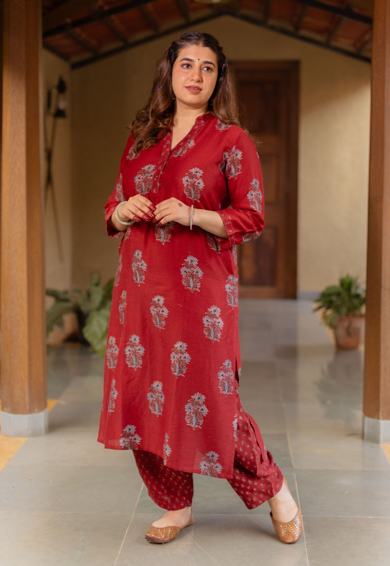 Aarohi Madder Ajrakh Chanderi Silk Straight Kurta with Hand Embroidery