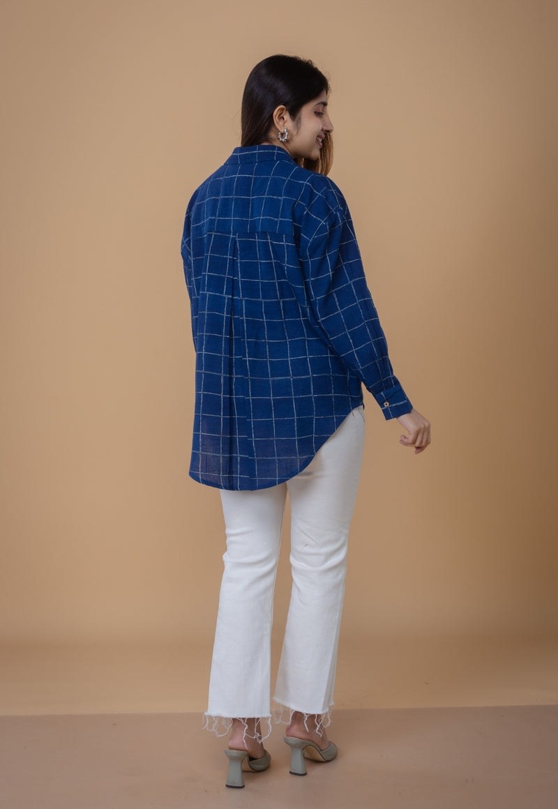 Ruhi Blue Dabu Slub Cotton Straight Short Top