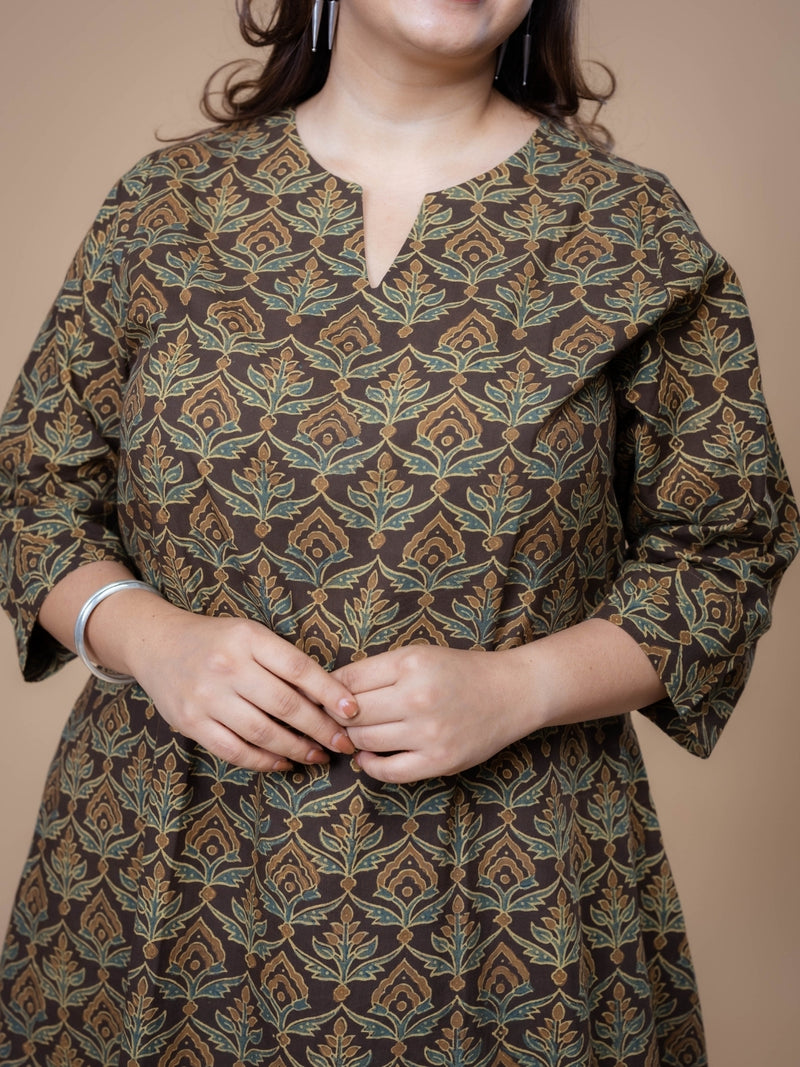 Daksha Brown Ajrakh Cotton A Line Kurta