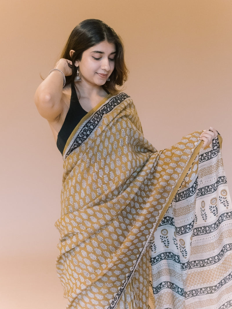 Yellow Butti Bagru Hand Block Print Modal Saree