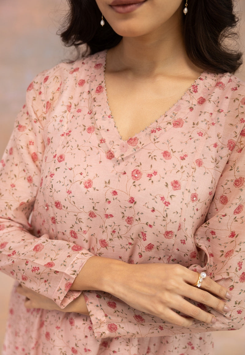 Rose Pink Sanganeri Chanderi Silk Kali Kurta with Hand Embroidery
