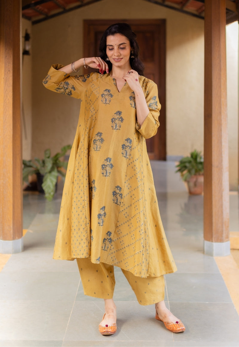 Sonia Mustard Ajrakh Chanderi Silk Kali Kurta with Hand Embroidery