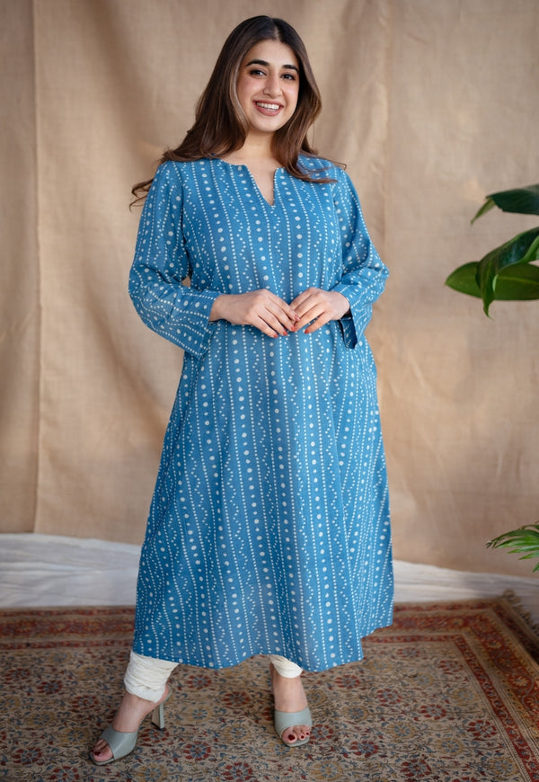 Shaili Indigo Dabu Slub Cotton A Line Kurta with Embroidery