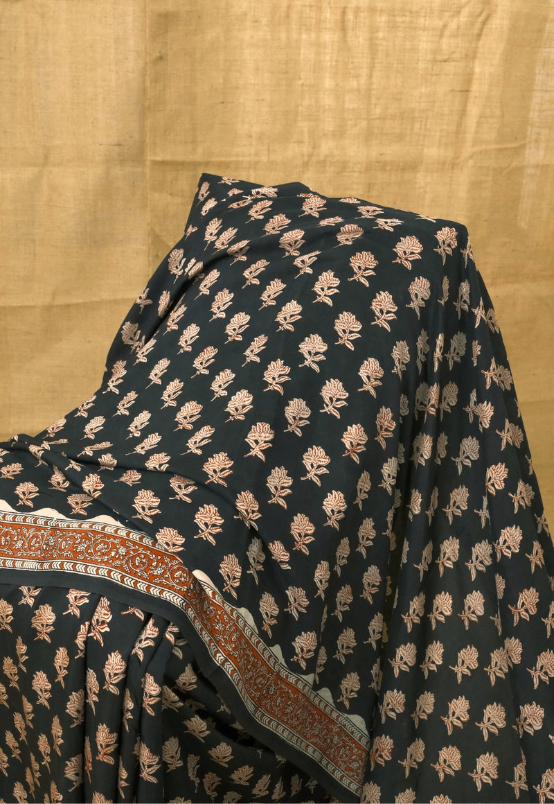 Black Butti Bagru Hand Block Print Modal Saree