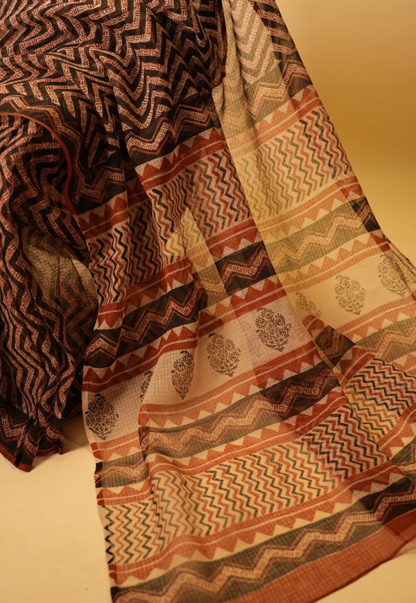 Black Chevron Bagru Hand Block Print Kota Doria Saree