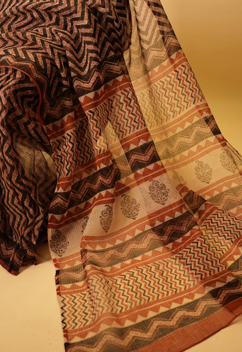 Black Chevron Bagru Hand Block Print Kota Doria Saree